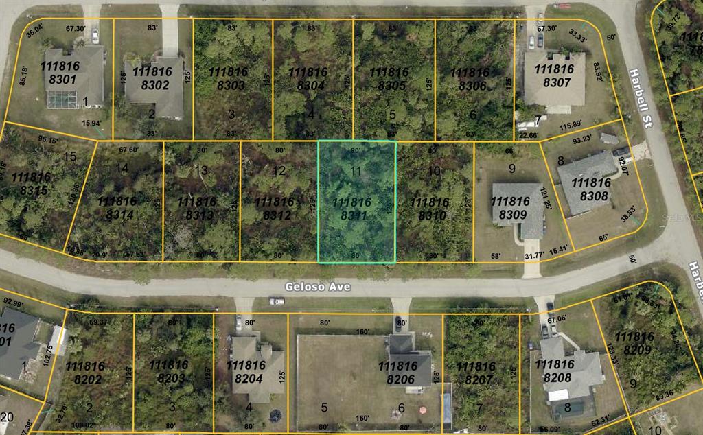 This is a map showing a vacant lot highlighted in green among other residential properties — GELOSO AVENUE, NORTH PORT, FL