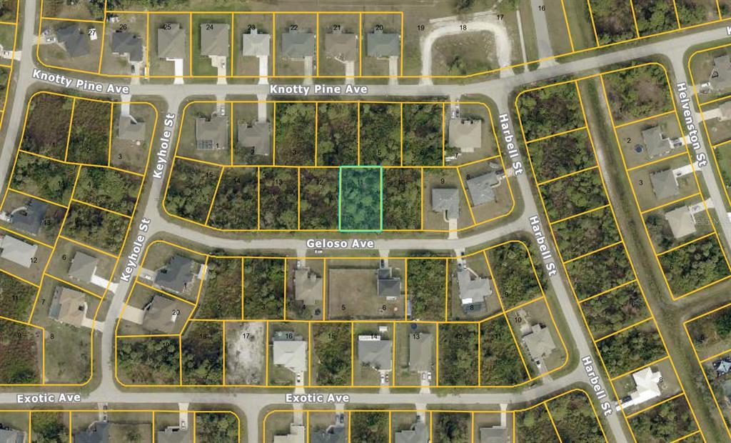 This is an aerial map showing a vacant residential lot highlighted in a suburban neighborhood — GELOSO AVENUE, NORTH PORT, FL