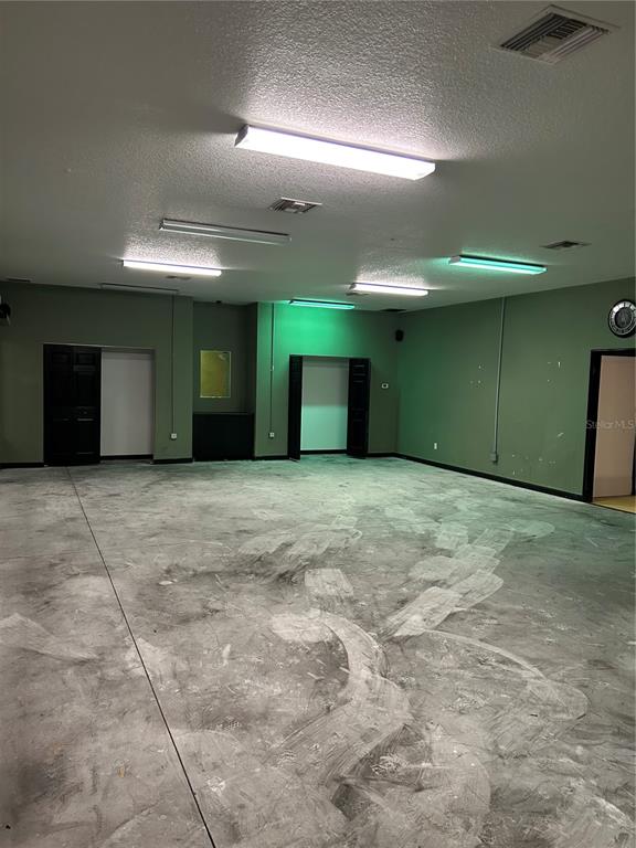 An empty room with green walls, a concrete floor, and multiple overhead fluorescent light fixtures — 3619 E CR 466, OXFORD, FL