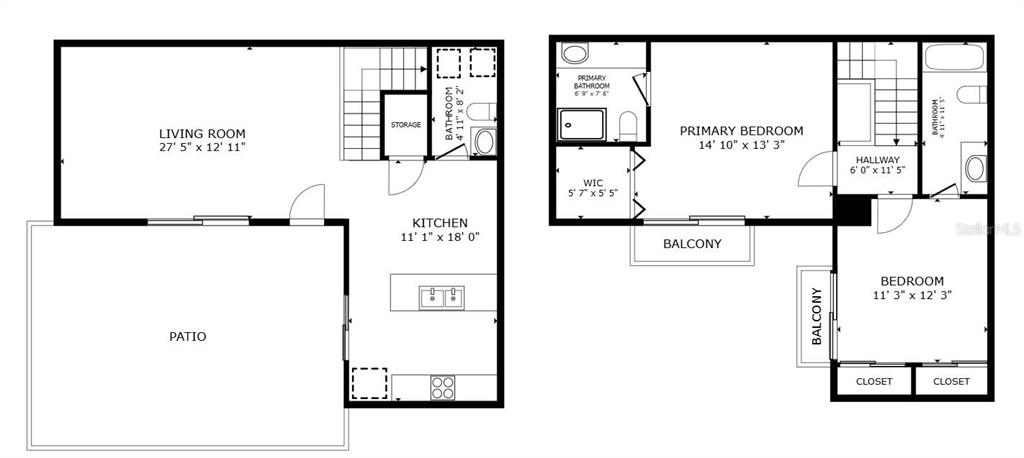 This floor plan shows a two-story layout with a living room, kitchen, patio, and two bedrooms — 2911 PECAN AVENUE, LEESBURG, FL