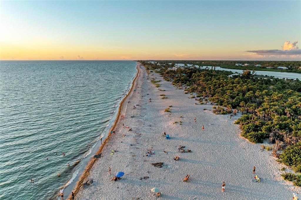 An aerial view of a sandy beach bordering the ocean and dense coastal vegetation — 7110 MANASOTA KEY ROAD, ENGLEWOOD, FL