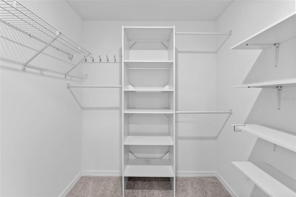 A walk-in closet features white shelving, hanging rods, and carpeted flooring — 5137 BENJAMIN ERIC STREET, ZEPHYRHILLS, FL