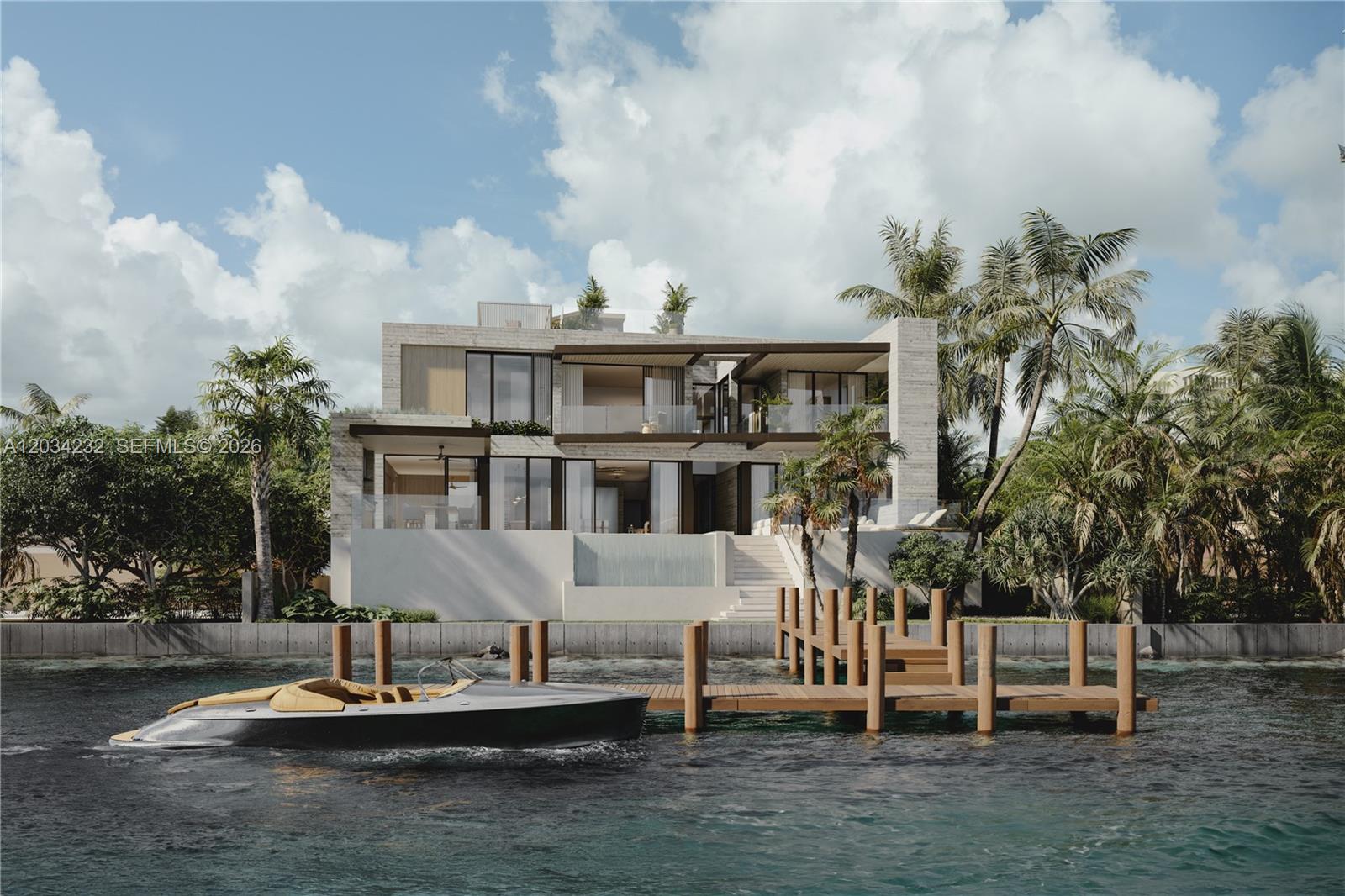 This is a rendering of a modern waterfront house with a private dock and boat — 11035 N Bayshore Dr, Miami FL 33161, MIAMI, FL