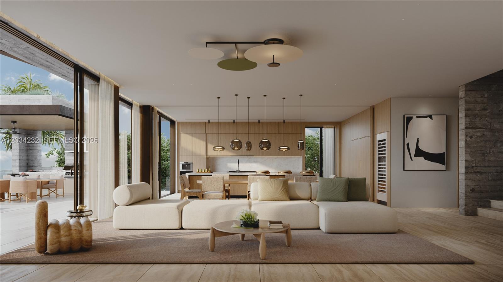 This rendering shows a modern open-concept living room and kitchen with light wood cabinetry — 11035 N Bayshore Dr, Miami FL 33161, MIAMI, FL