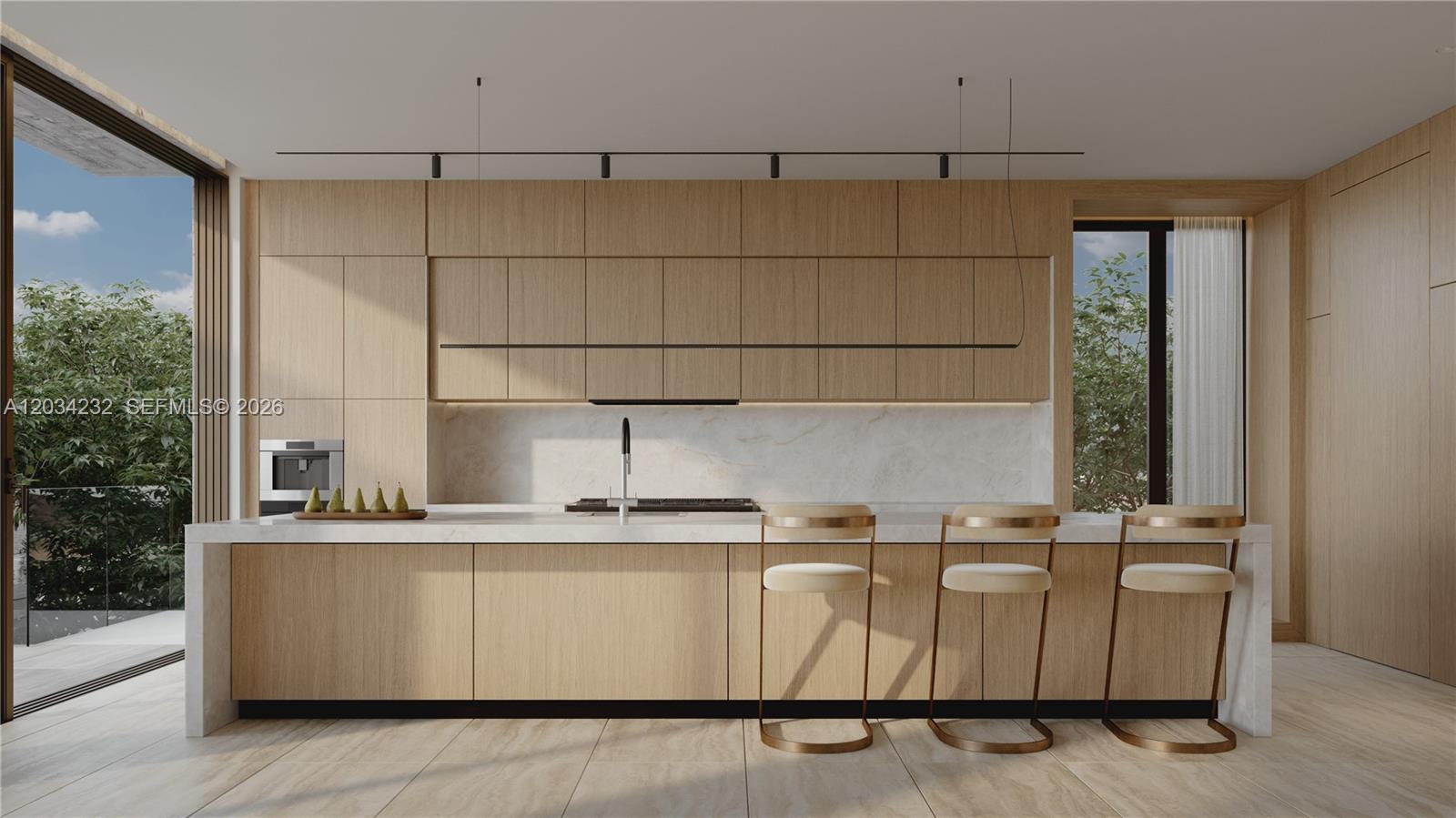 This rendering shows a modern kitchen with light wood cabinetry, marble countertops, and three barstools — 11035 N Bayshore Dr, Miami FL 33161, MIAMI, FL
