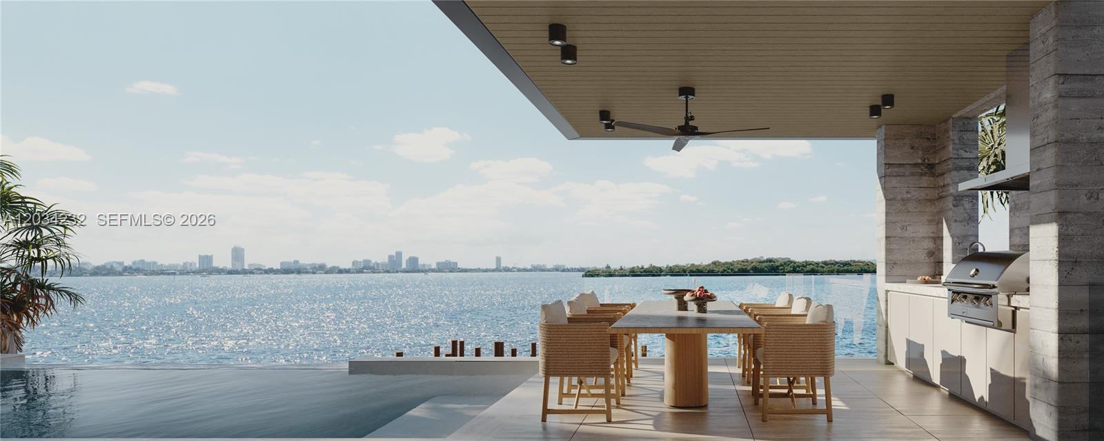 This rendering shows an outdoor dining area with a pool overlooking a city skyline — 11035 N Bayshore Dr, Miami FL 33161, MIAMI, FL