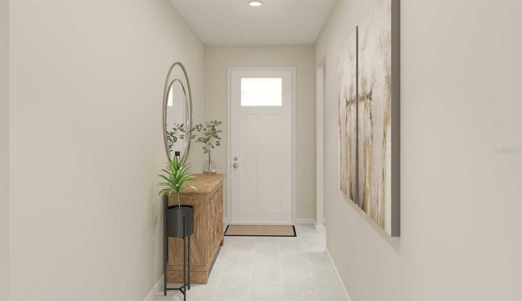 This rendering shows a bright entryway with a white door, console table, and wall art — 10256 CABANA STREET, ORLANDO, FL