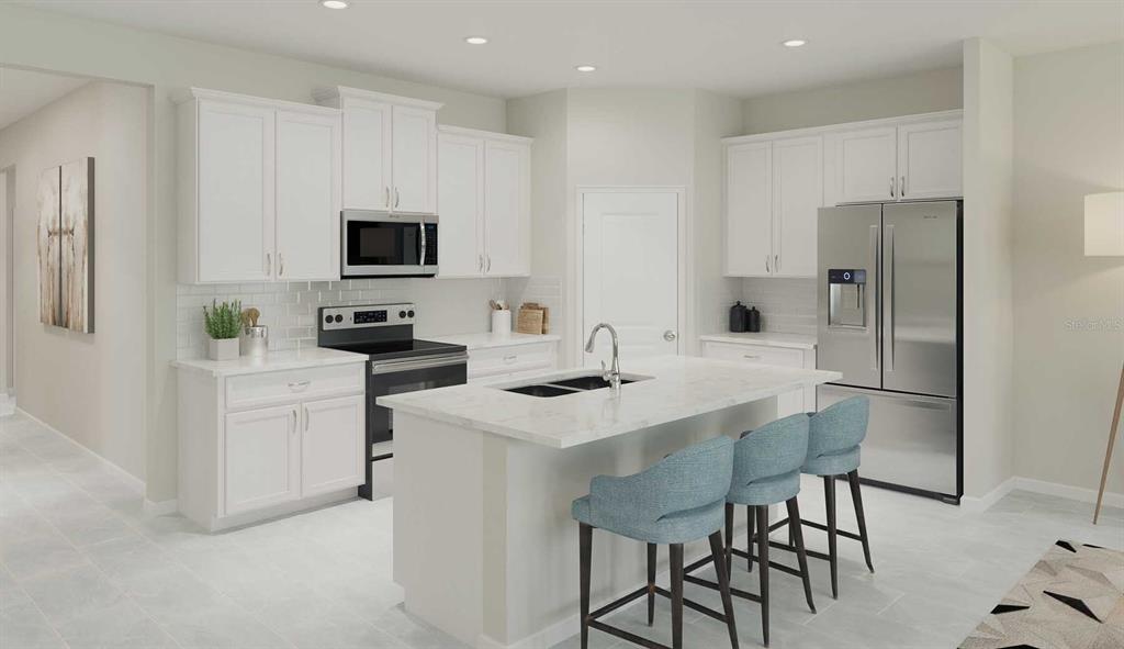 This rendering shows a modern kitchen with white cabinets, stainless steel appliances, and a central island — 10256 CABANA STREET, ORLANDO, FL