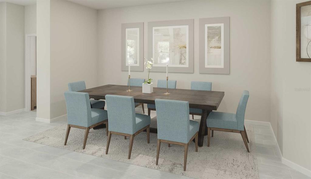 This digital rendering shows a dining room with a wooden table and light blue chairs — 10256 CABANA STREET, ORLANDO, FL