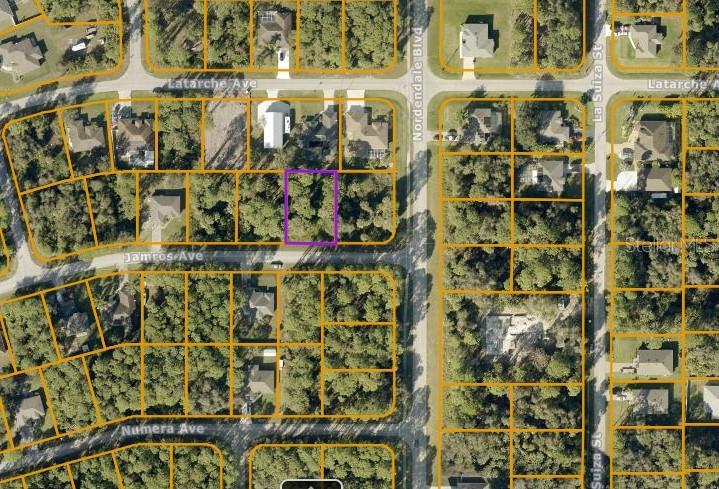 This aerial map shows a vacant, wooded residential lot highlighted in purple — JAMROS AVENUE, NORTH PORT, FL