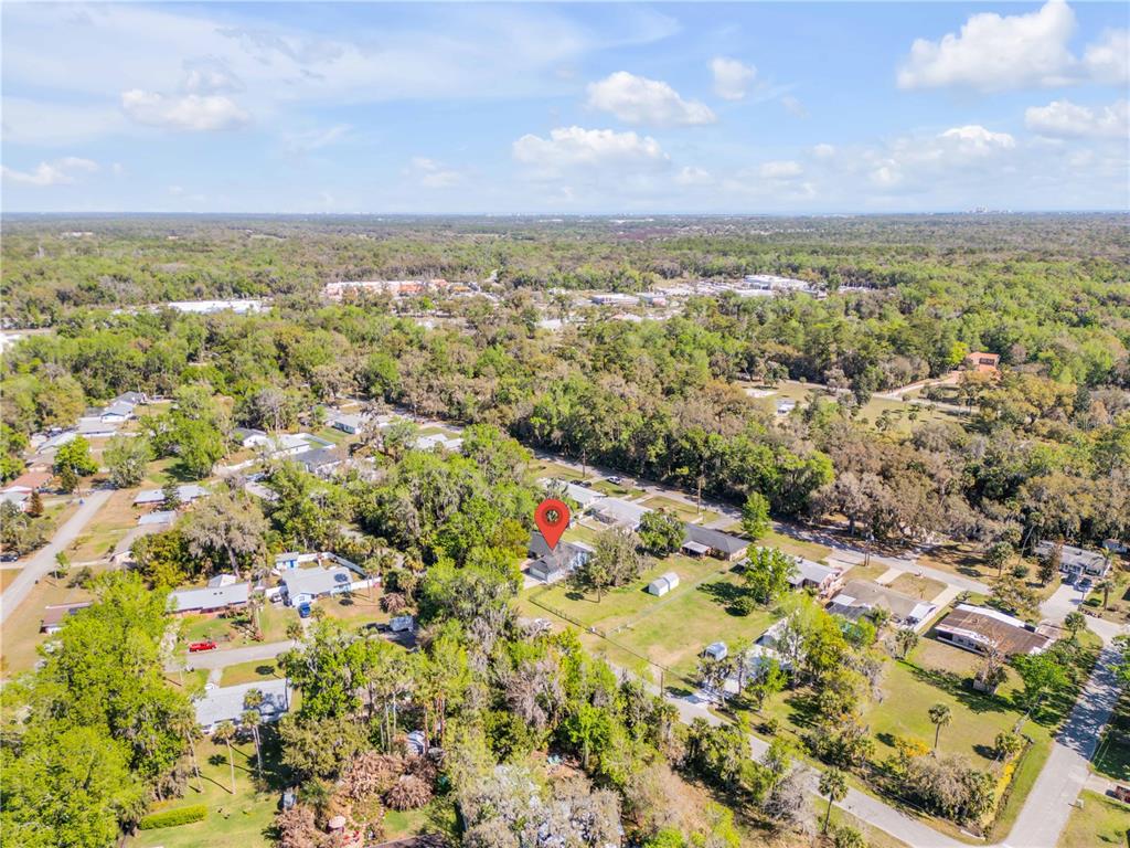 An aerial view shows a residential neighborhood with a red location pin on a house — 451 PALM DRIVE, NEW SMYRNA BEACH, FL