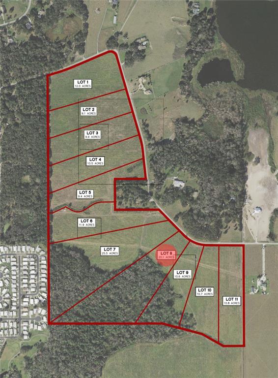 This is an aerial map showing the layout and acreage of eleven subdivided land lots — BAYHEAD ROAD Lot 8, DADE CITY, FL