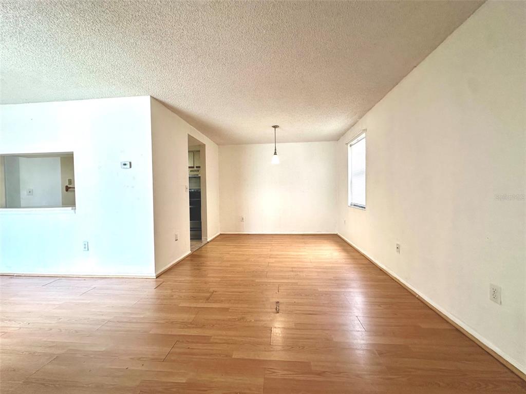 An empty dining area features wood-look flooring, white walls, and a single hanging light fixture — 135 HUNTER LAKE DRIVE UNIT F, OLDSMAR, FL