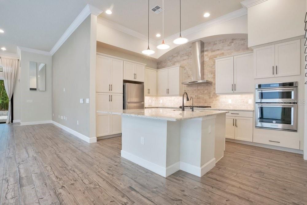 A modern kitchen features white cabinetry, a granite-topped island, stainless steel appliances, and wood-look flooring — 8394 VIA VITTORIA WAY, ORLANDO, FL