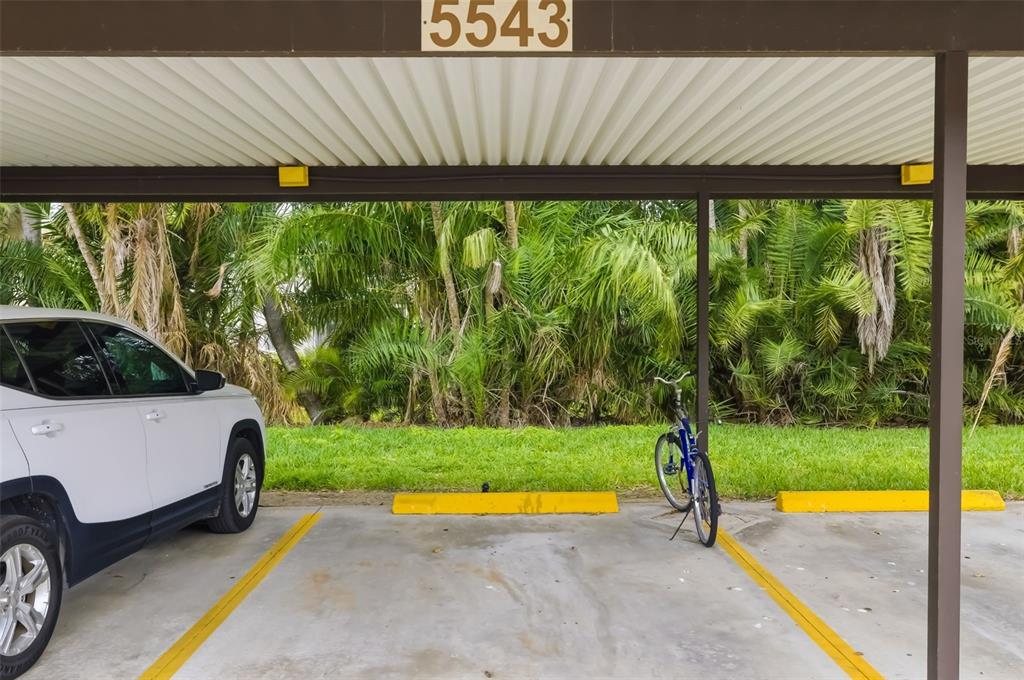 A covered parking space features a white SUV, a blue bicycle, and palm trees — 5543 ASHTON WAY UNIT 5543, SARASOTA, FL