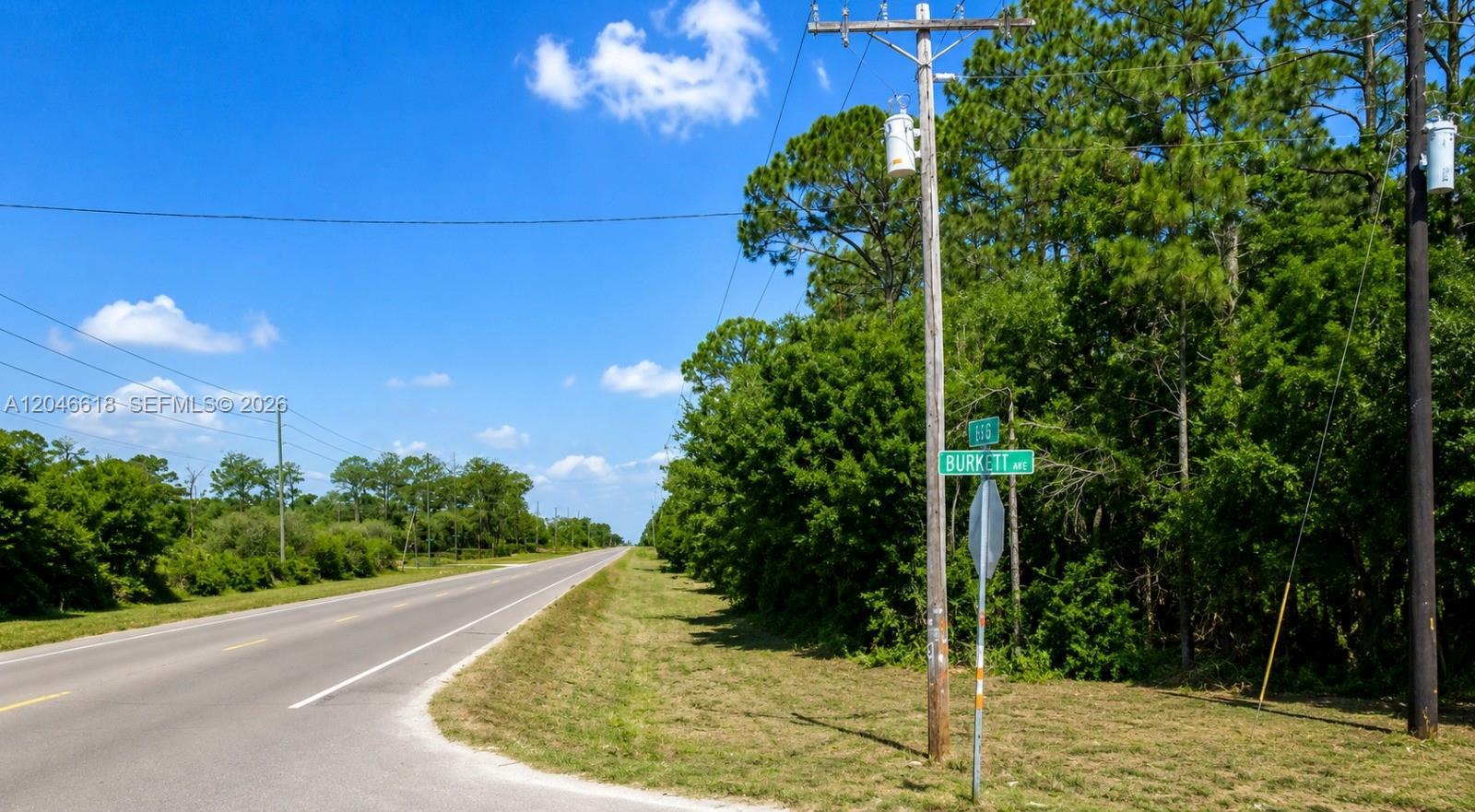 A paved road stretches into the distance past a utility pole with a street sign — 3202 SR 66, Sebring FL 33185, SEBRING, FL