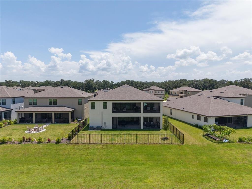 An aerial view shows the back of several suburban houses with fenced yards and screened porches — 12962 STEED TRACE LOOP, LITHIA, FL