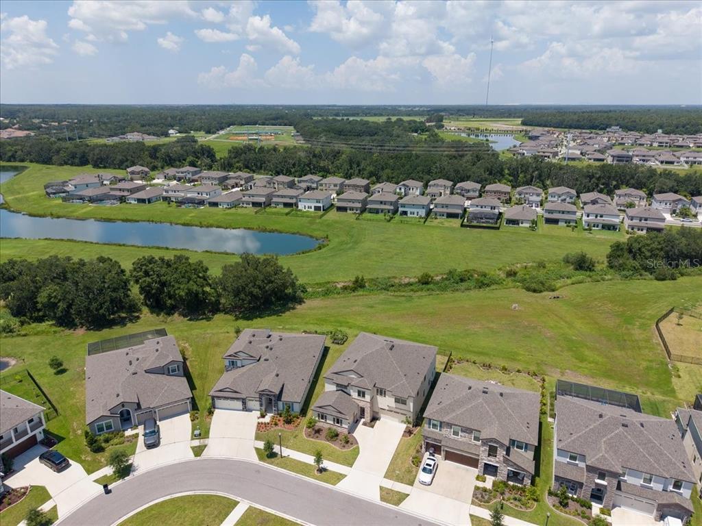 An aerial view shows a suburban neighborhood with houses, a pond, and green space — 12962 STEED TRACE LOOP, LITHIA, FL