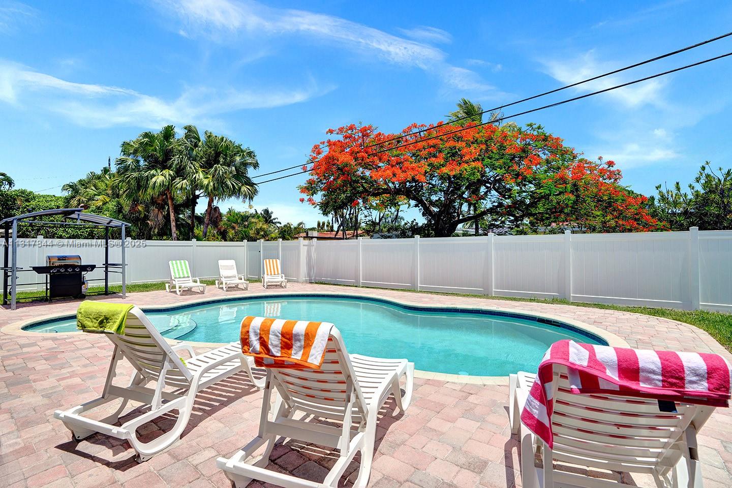 A backyard features a swimming pool, lounge chairs, and a large flowering tree — 1301 Rodman St, Hollywood FL 33019, HOLLYWOOD, FL