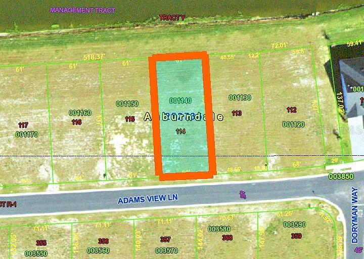 This is a map showing a highlighted rectangular residential lot on Adams View Lane — 361 ADAMS VIEW LANE, AUBURNDALE, FL