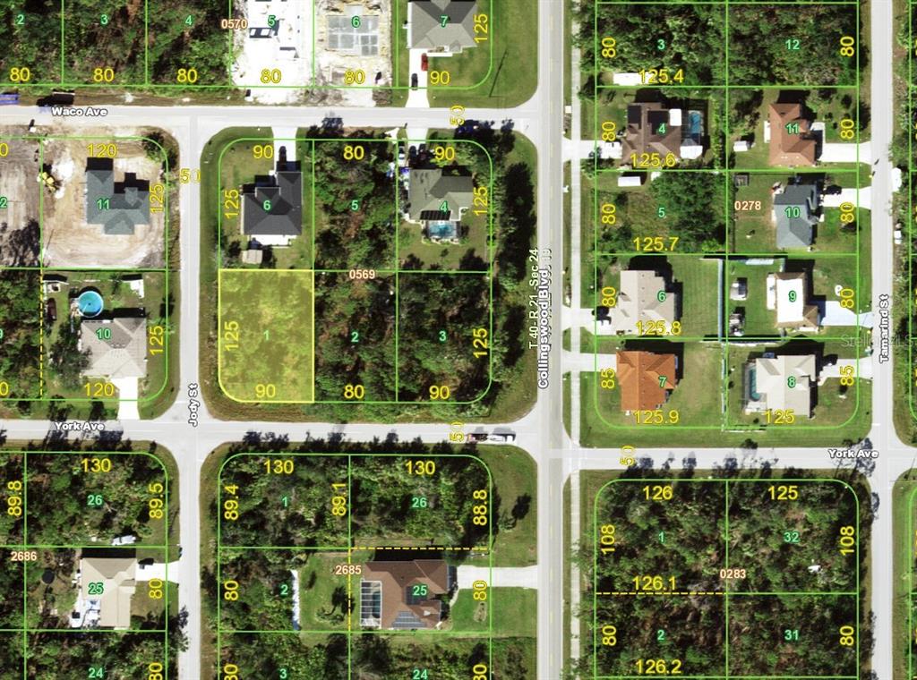 This is a satellite map showing residential lots and streets — 17508 YORK AVENUE, PORT CHARLOTTE, FL