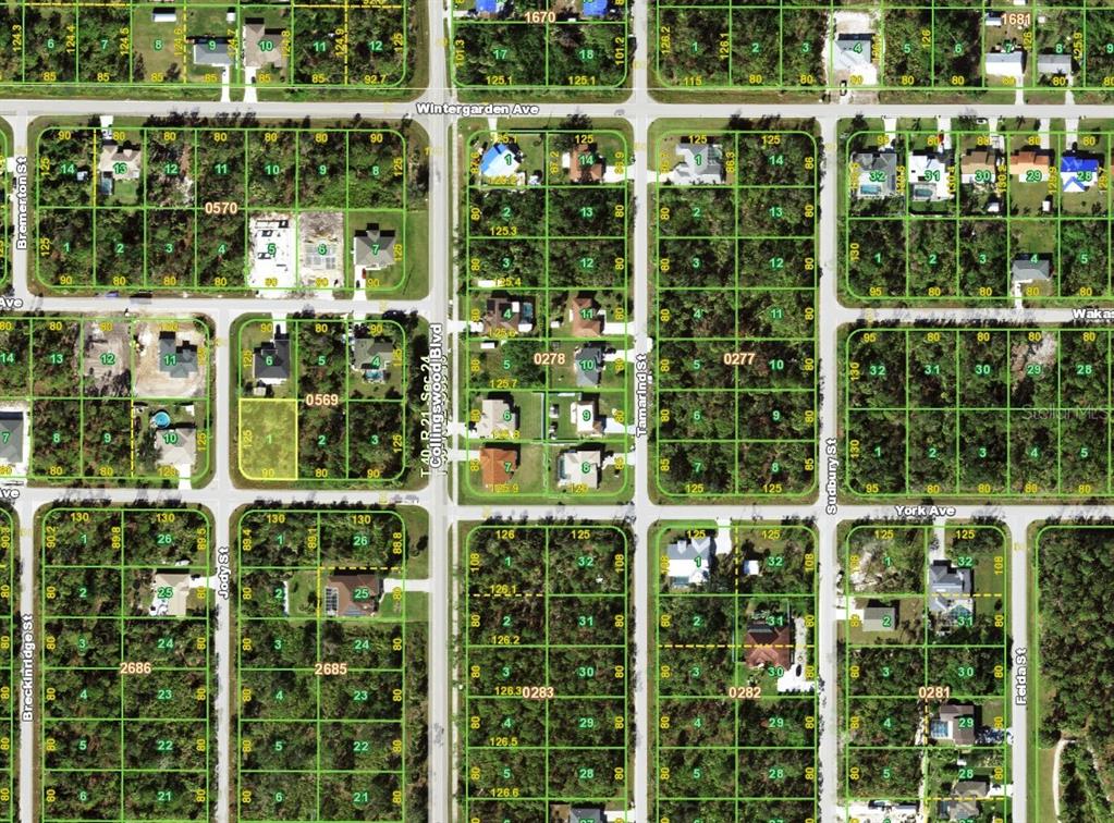 This is an aerial map showing residential lots, streets, and property boundaries — 17508 YORK AVENUE, PORT CHARLOTTE, FL