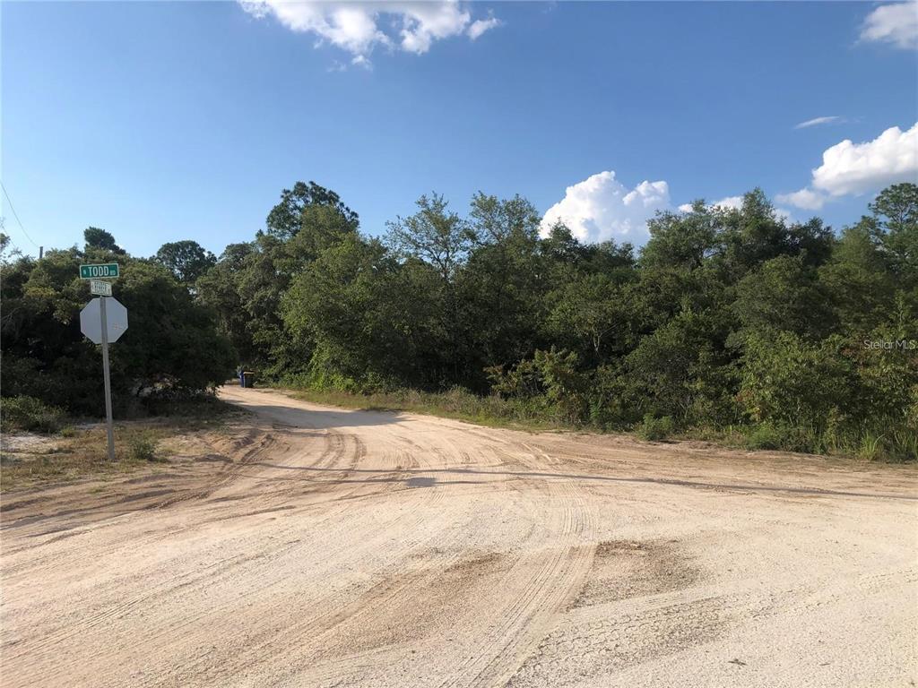 A dirt road curves past a street sign and dense trees under a blue sky — 2610 N REHRER ROAD, AVON PARK, FL