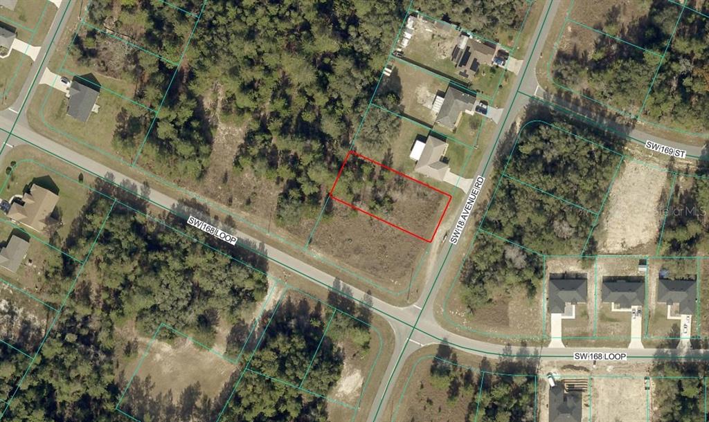 An aerial map view shows a vacant, rectangular lot outlined in red near a street intersection — SW 18TH AVE RIVER, OCALA, FL