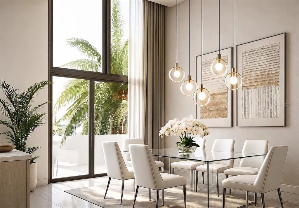 This rendering shows a modern dining room with a glass table, pendant lights, and palm trees — 1305 4TH STREET UNIT 302I, SARASOTA, FL
