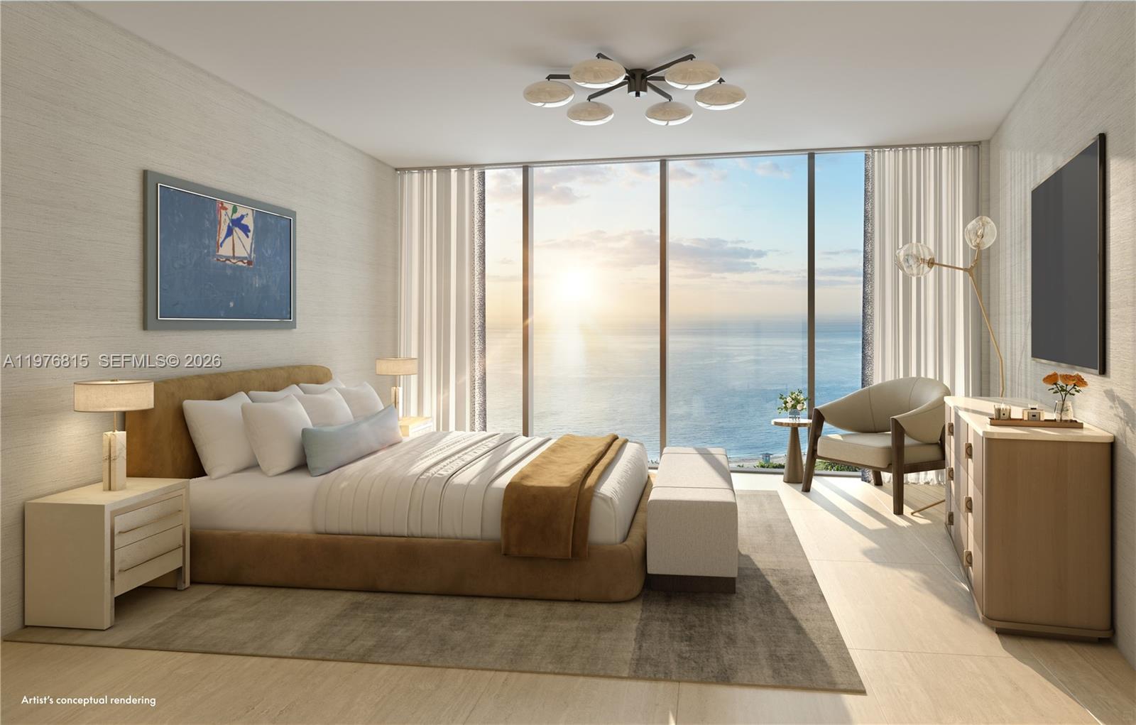 This rendering shows a modern bedroom with a large bed, floor-to-ceiling windows, and ocean views — 20 N Ocean Blvd # 1403, Pompano Beach FL 33062, POMPANO BEACH, FL