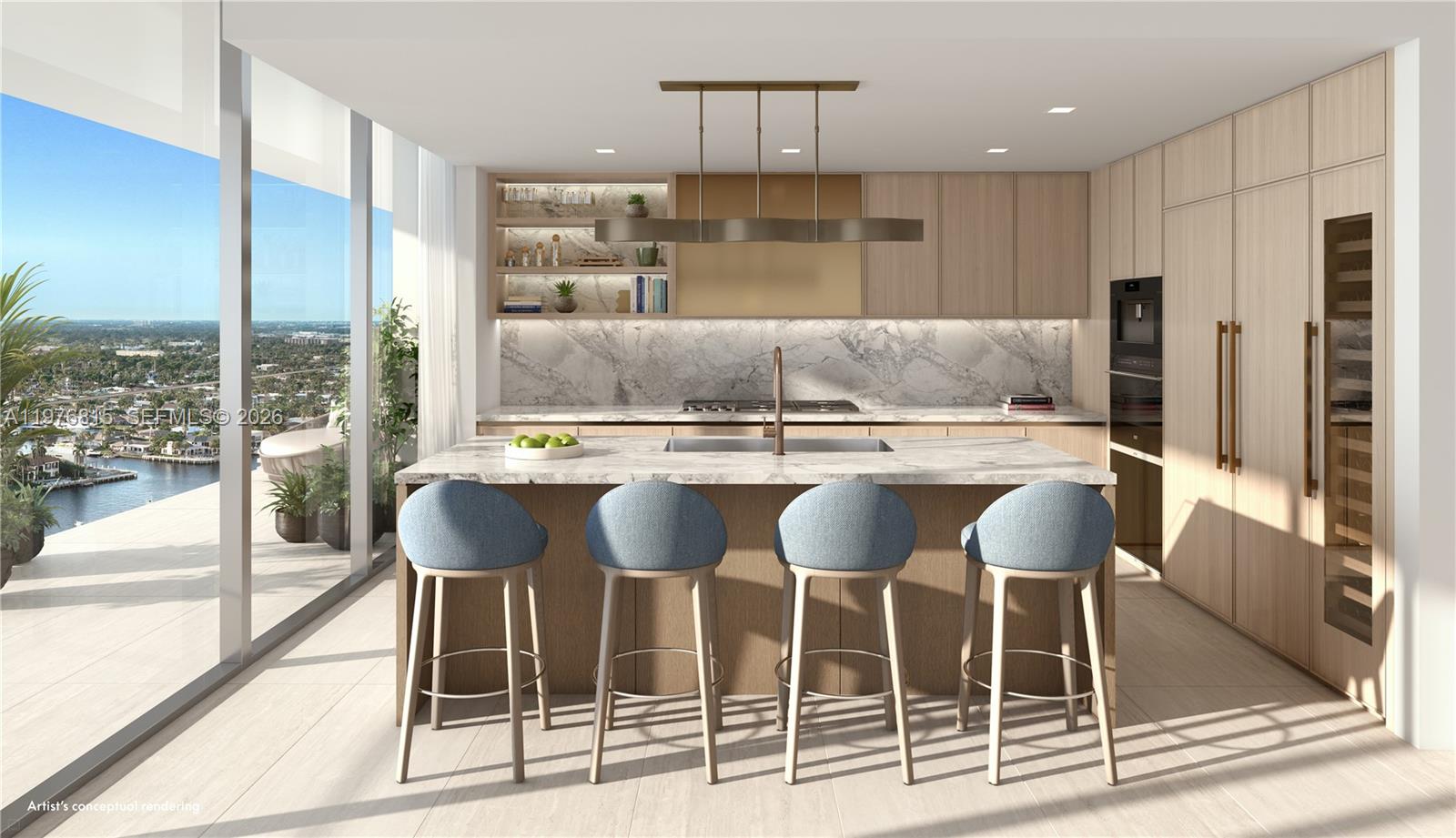 This rendering shows a modern kitchen with a marble island, light wood cabinetry, and balcony views — 20 N Ocean Blvd # 1403, Pompano Beach FL 33062, POMPANO BEACH, FL