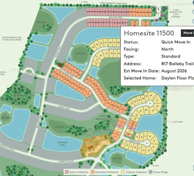 This map shows a residential community layout with numbered lots, wetlands, and various street names — 817 BALLEBY TRAIL, BRADENTON, FL