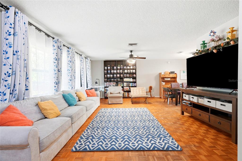 A living room features a large gray sofa, a blue patterned rug, and a television — 6300 86TH AVENUE N, PINELLAS PARK, FL