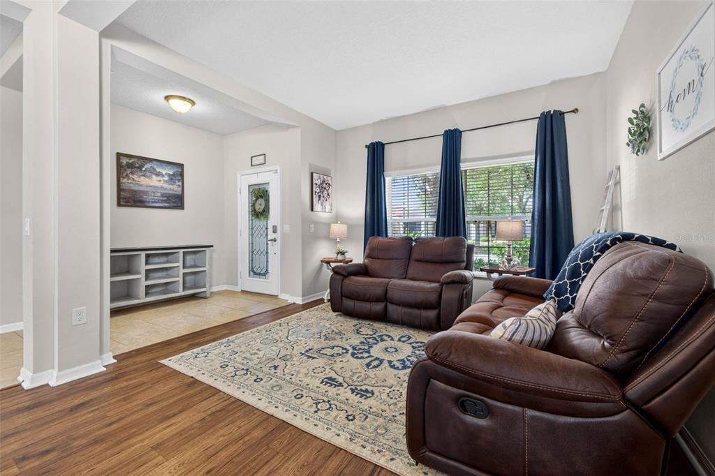 A living room features brown leather sofas, a patterned area rug, and dark blue curtains — 9634 OAK GLADE AVENUE, TAMPA, FL