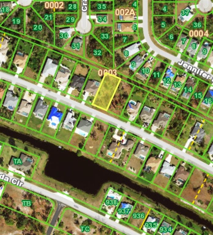 This is an aerial map showing a highlighted vacant residential lot in a suburban neighborhood — 643 BOUNDARY BOULEVARD, ROTONDA WEST, FL