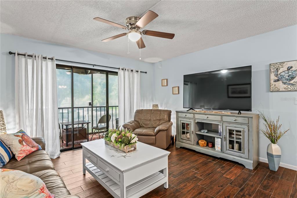 A living room features a brown leather sofa, a coffee table, and a television console — 3232 LAKE PINE WAY UNIT H2, TARPON SPRINGS, FL