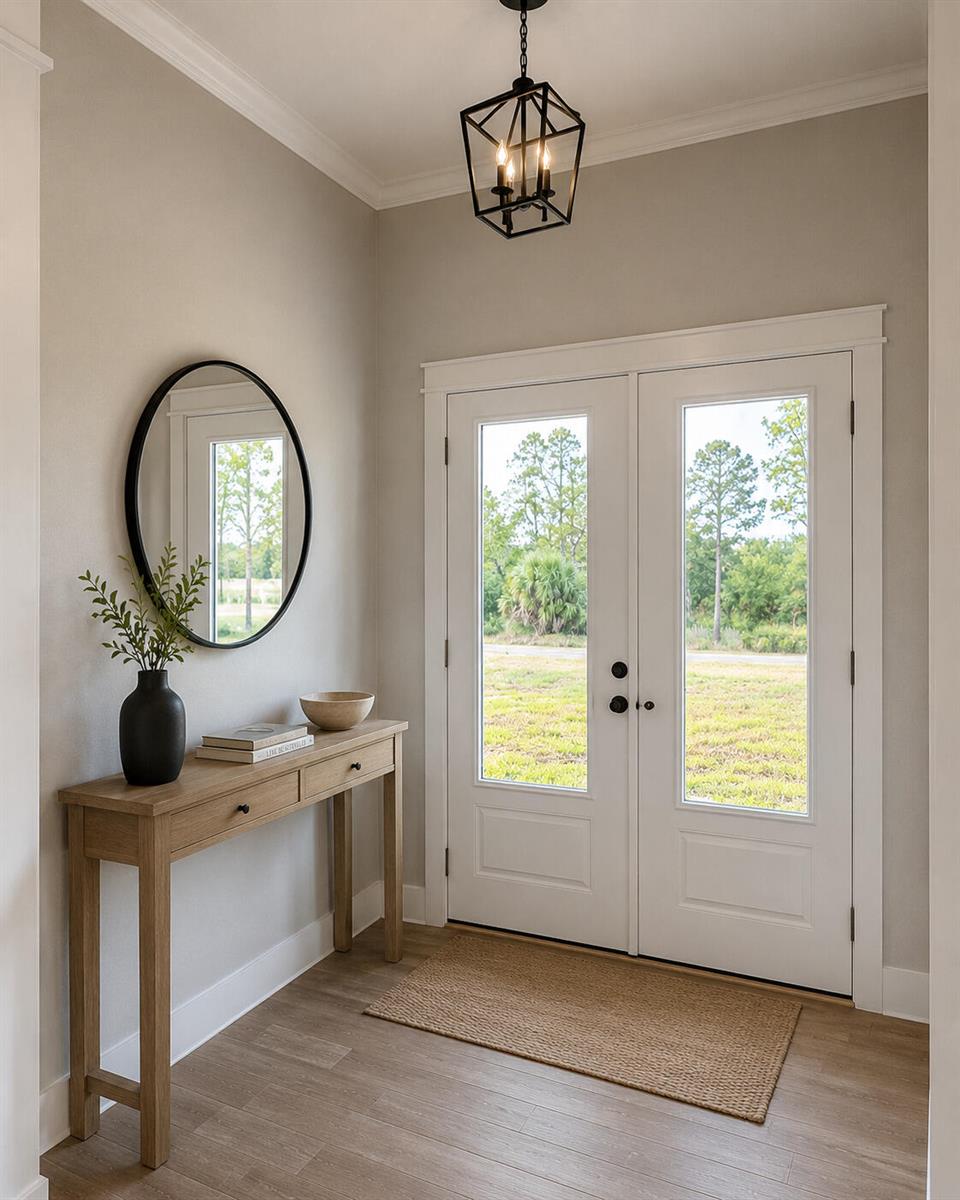 A bright entryway features a wooden console table, a round mirror, and double glass doors — 10603 Lighterwood Lane, Fort Pierce FL 34945, FORT PIERCE, FL