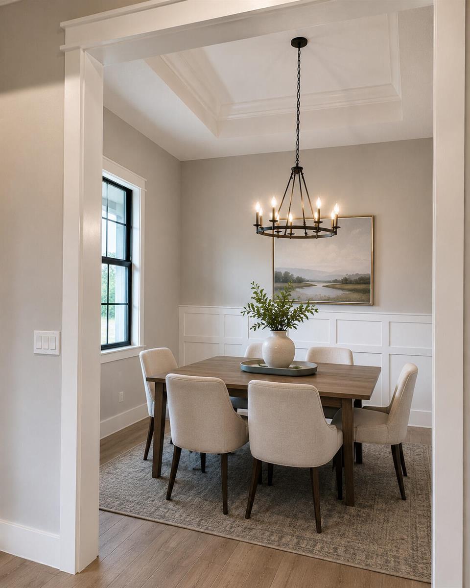 A dining room features a wooden table, upholstered chairs, a chandelier, and white wainscoting — 10603 Lighterwood Lane, Fort Pierce FL 34945, FORT PIERCE, FL