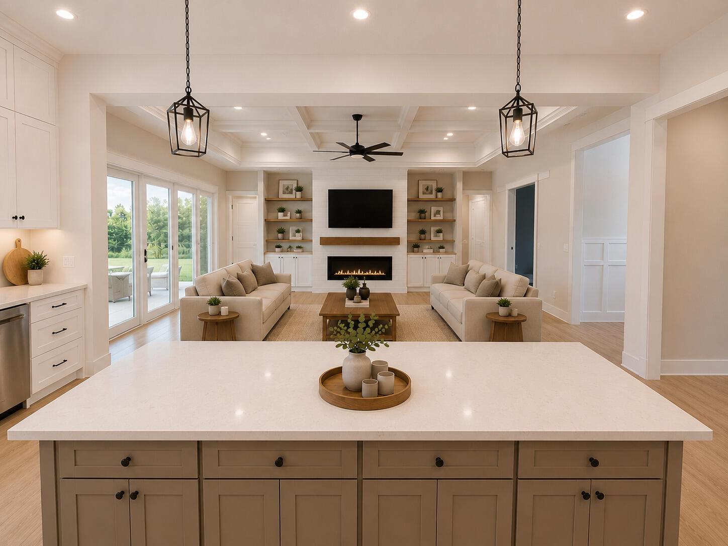 A kitchen island overlooks a living room featuring a fireplace, built-in shelves, and two sofas — 10603 Lighterwood Lane, Fort Pierce FL 34945, FORT PIERCE, FL