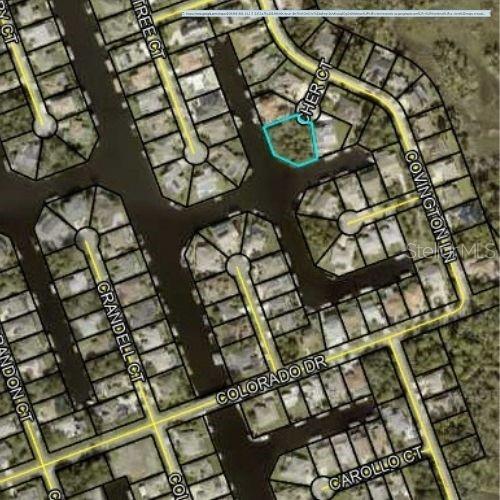 This is an aerial map showing a residential neighborhood with a highlighted vacant lot — 6 CHER COURT, PALM COAST, FL