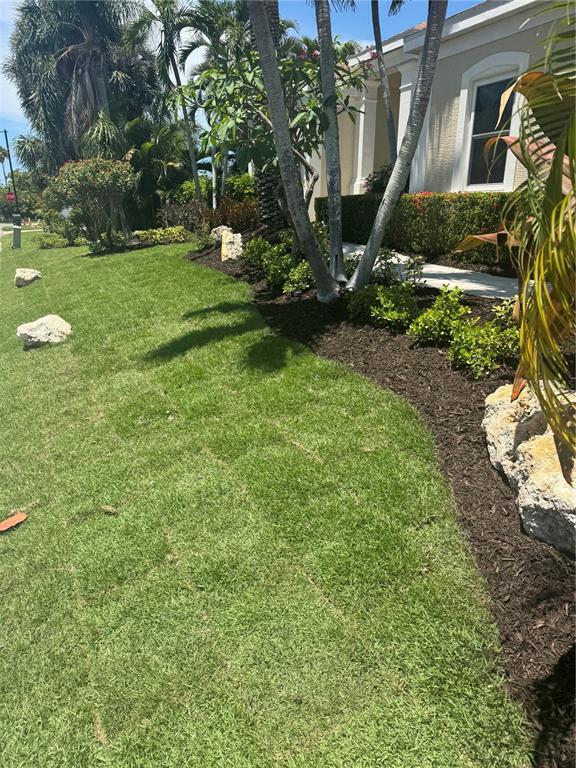 A landscaped front yard features a curved mulch bed, palm trees, and a house exterior — 523 JUAN ANASCO DRIVE, LONGBOAT KEY, FL