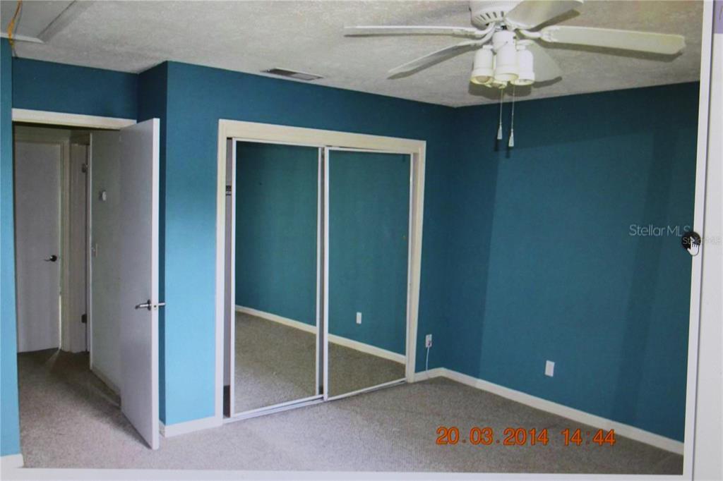 A bedroom with blue walls, carpeted flooring, a ceiling fan, and mirrored sliding closet doors — 13735 JUNIPER BLOSSOM DRIVE, TAMPA, FL