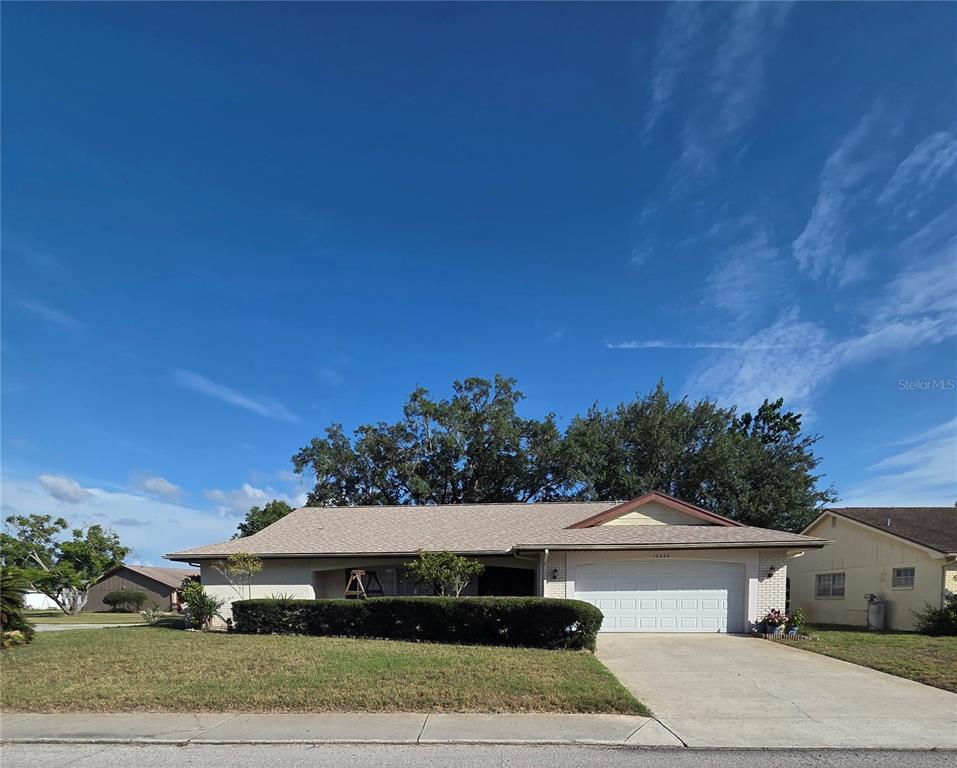 A single-story house with a beige exterior, a two-car garage, and a large front hedge — 12226 MEADOWBROOK LANE, HUDSON, FL