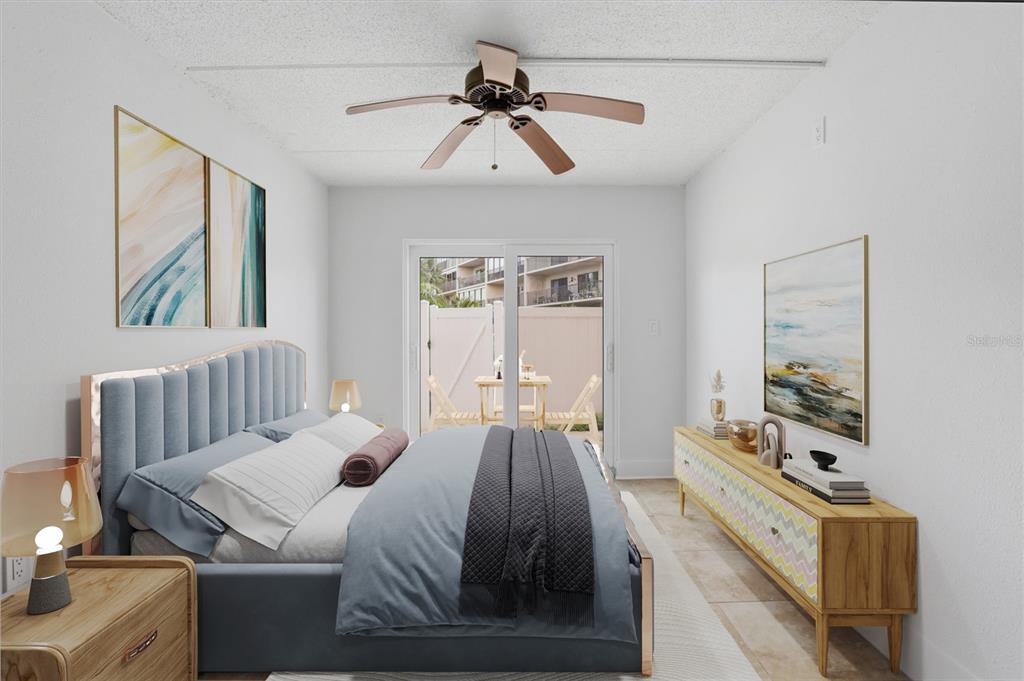 This is a digital rendering of a bedroom featuring a blue bed and sliding doors — 8911 BLIND PASS ROAD UNIT 103, ST PETE BEACH, FL