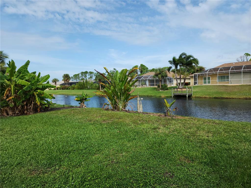 A grassy backyard overlooks a pond with tropical plants and houses in the background — 266 LONG MEADOW LANE, ROTONDA WEST, FL