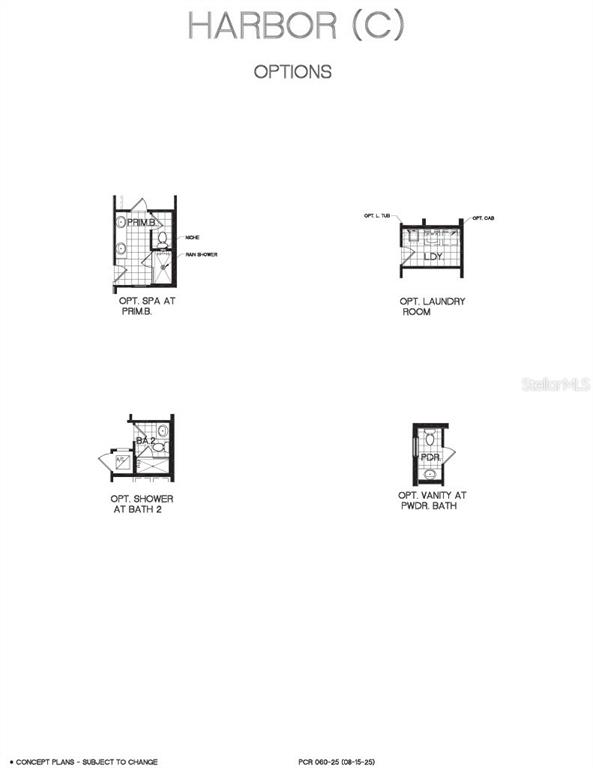 This floor plan shows four optional room configurations for the Harbor (C) model home — 7272 WINDY WILLOW STREET, WINTER GARDEN, FL