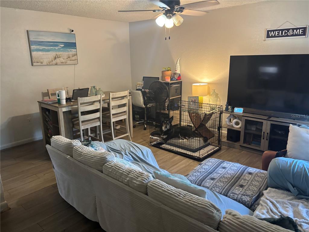 A living room features a sofa, a television on a stand, a dining table, and a crate — 732 MCDOUGALL COURT UNIT 732, ORLANDO, FL