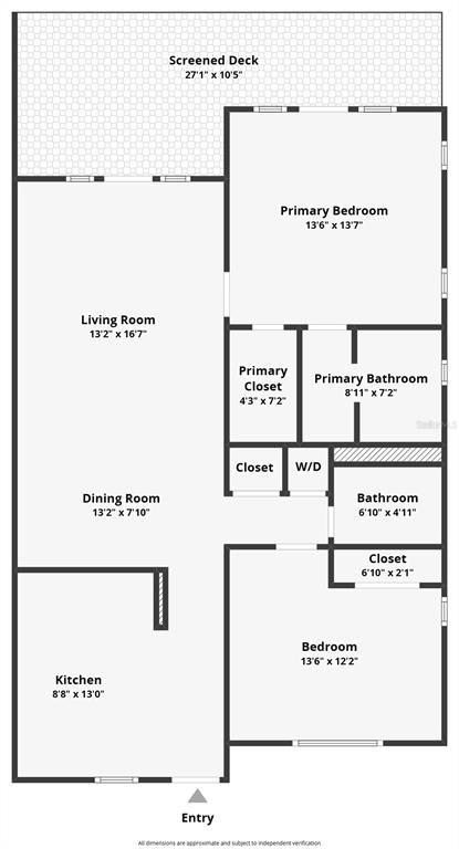 This floor plan shows a two-bedroom, two-bathroom apartment layout with a kitchen, living area, and deck — 4410 WARREN AVENUE UNIT 101, PORT CHARLOTTE, FL