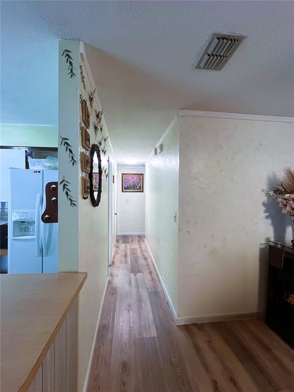 A hallway with light-colored walls and wood-look flooring leads toward a framed picture — 27197 SIMONA AVENUE, BROOKSVILLE, FL