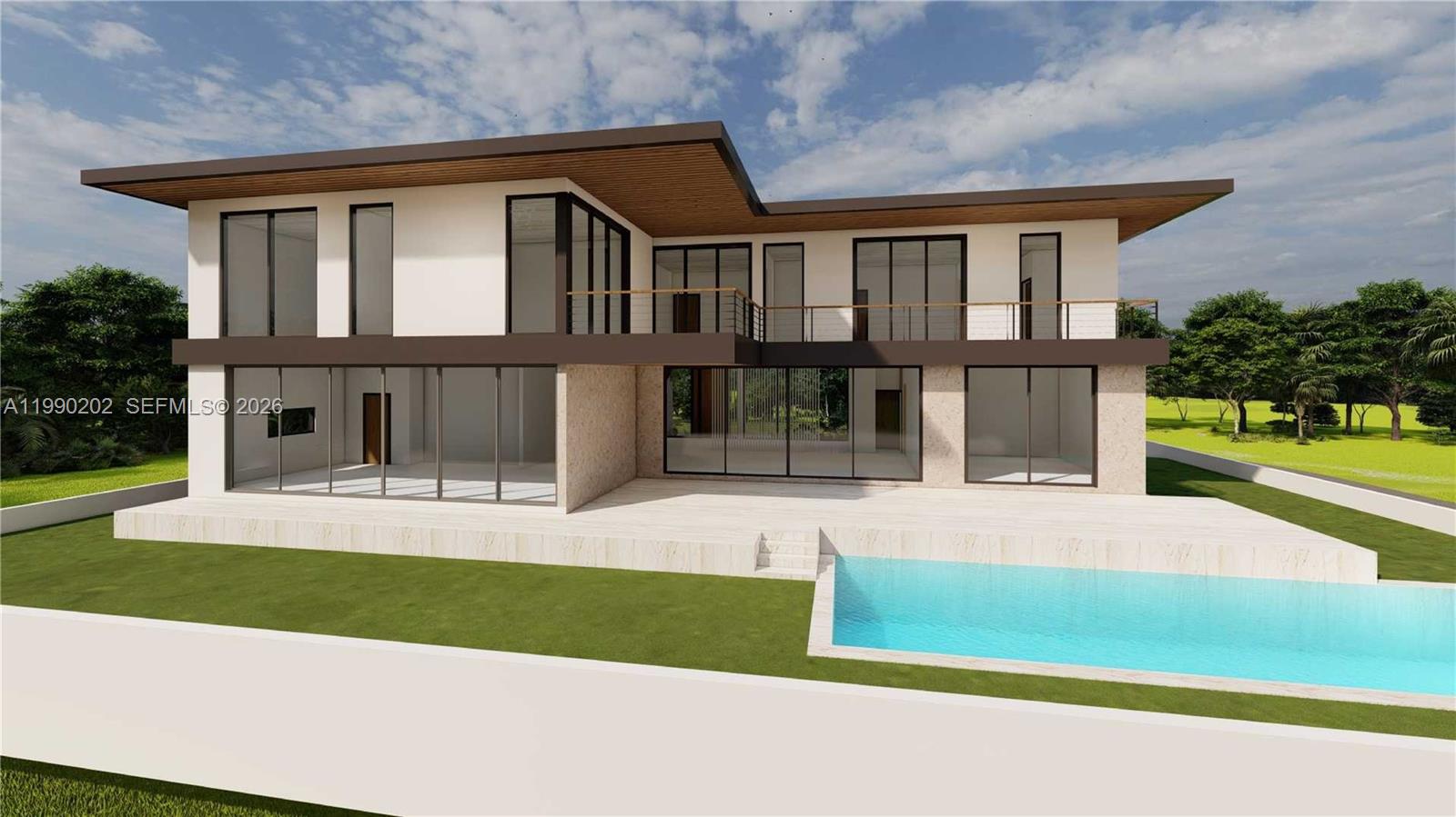 This is a rendering of a modern two-story house with a pool and patio — 969 W 34th St, Miami Beach FL 33140, MIAMI BEACH, FL